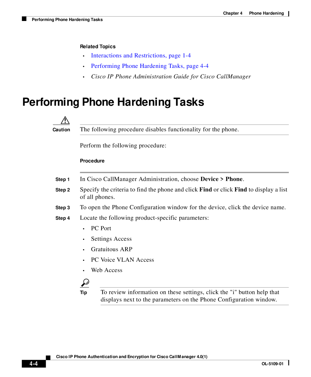 Cisco Systems OL-5109-01 manual Performing Phone Hardening Tasks, Procedure 