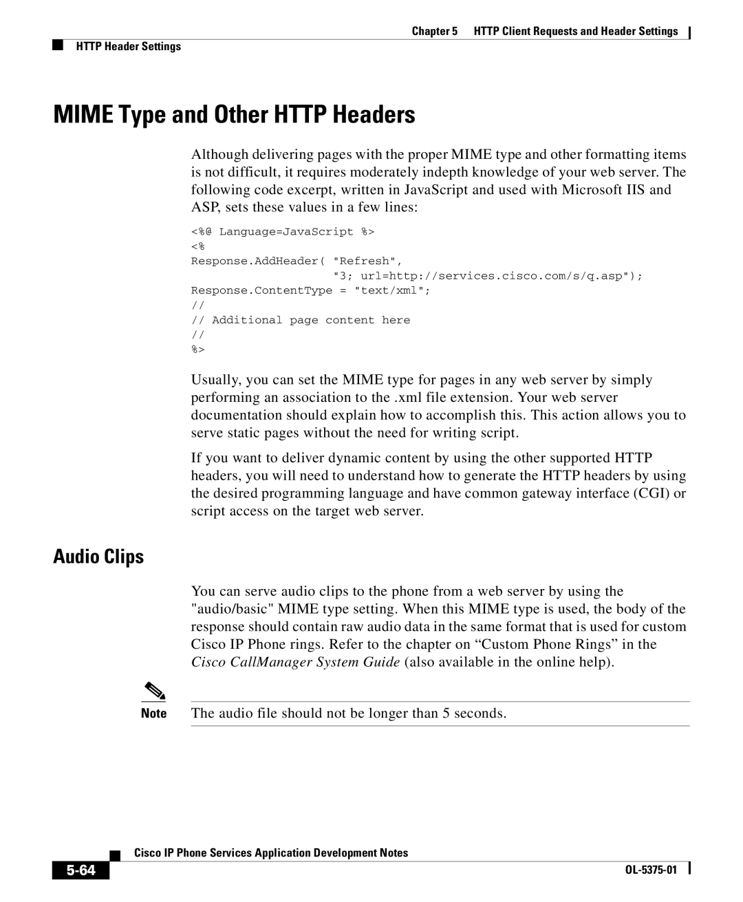 Cisco Systems OL-5375-01 manual Mime Type and Other Http Headers, Audio Clips 