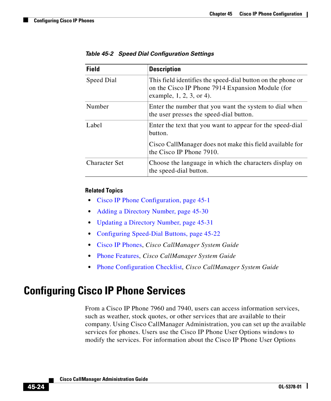 Cisco Systems OL-5378-01 manual Configuring Cisco IP Phone Services, 45-24 