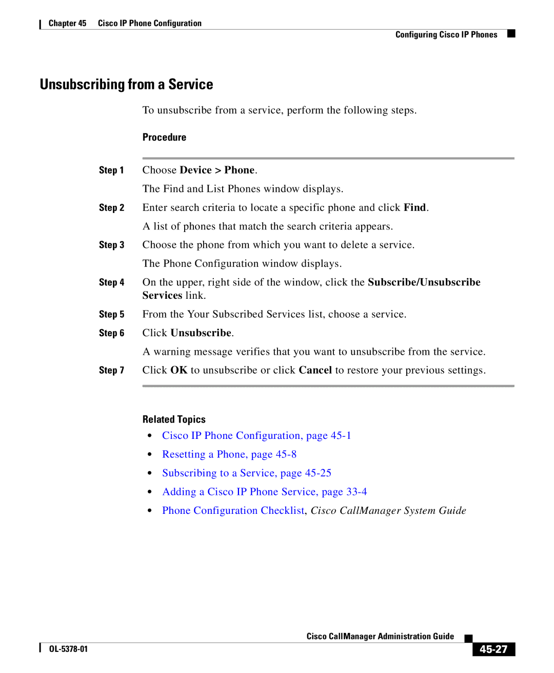 Cisco Systems OL-5378-01 manual Unsubscribing from a Service, 45-27 