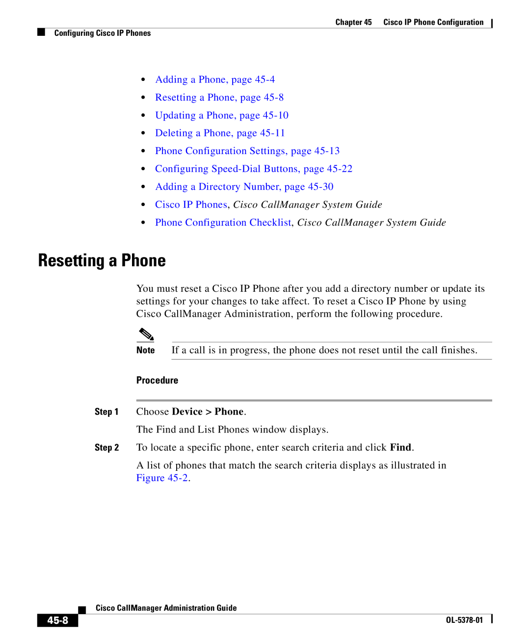 Cisco Systems OL-5378-01 manual Resetting a Phone, 45-8 