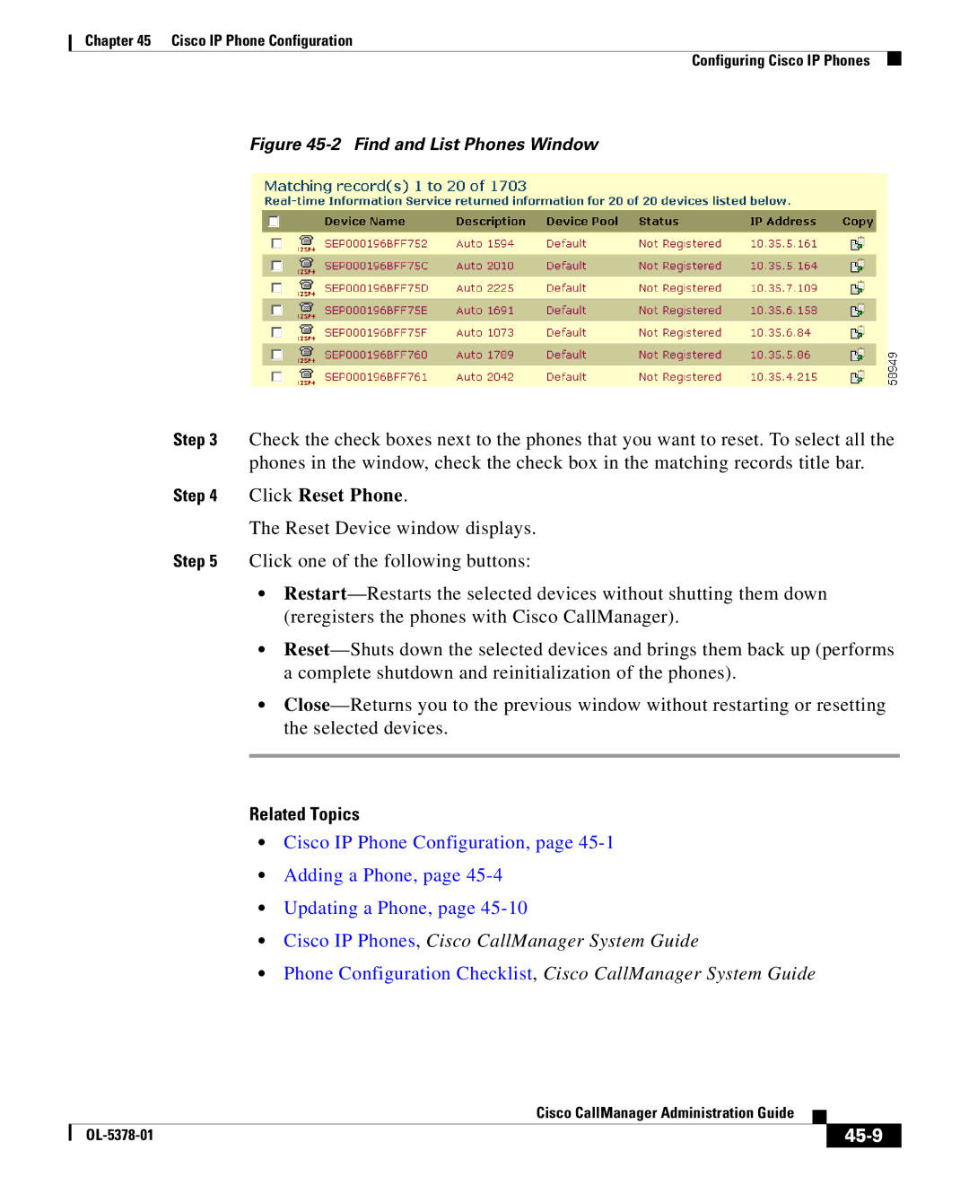 Cisco Systems OL-5378-01 manual Click Reset Phone, 45-9 