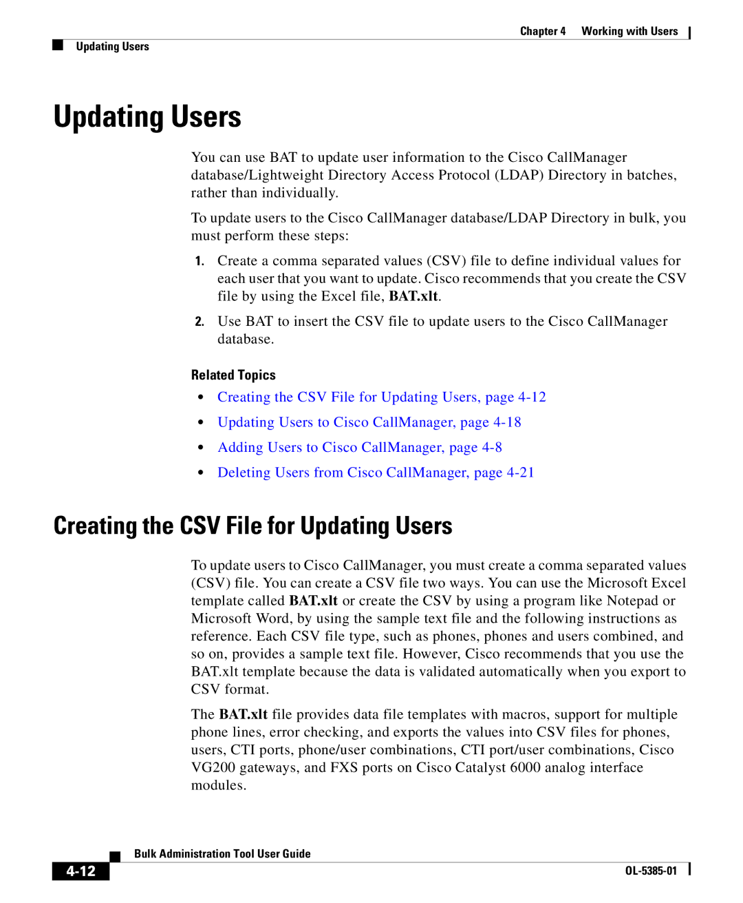 Cisco Systems OL-5385-01 manual Creating the CSV File for Updating Users 