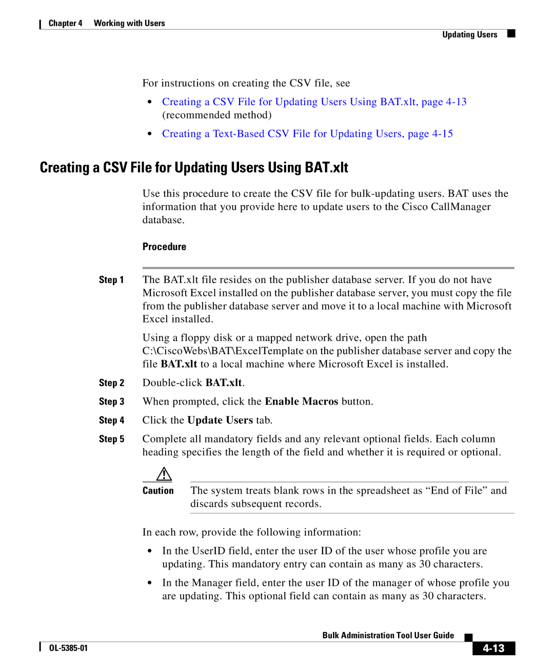 Cisco Systems OL-5385-01 manual Creating a CSV File for Updating Users Using BAT.xlt, Procedure 