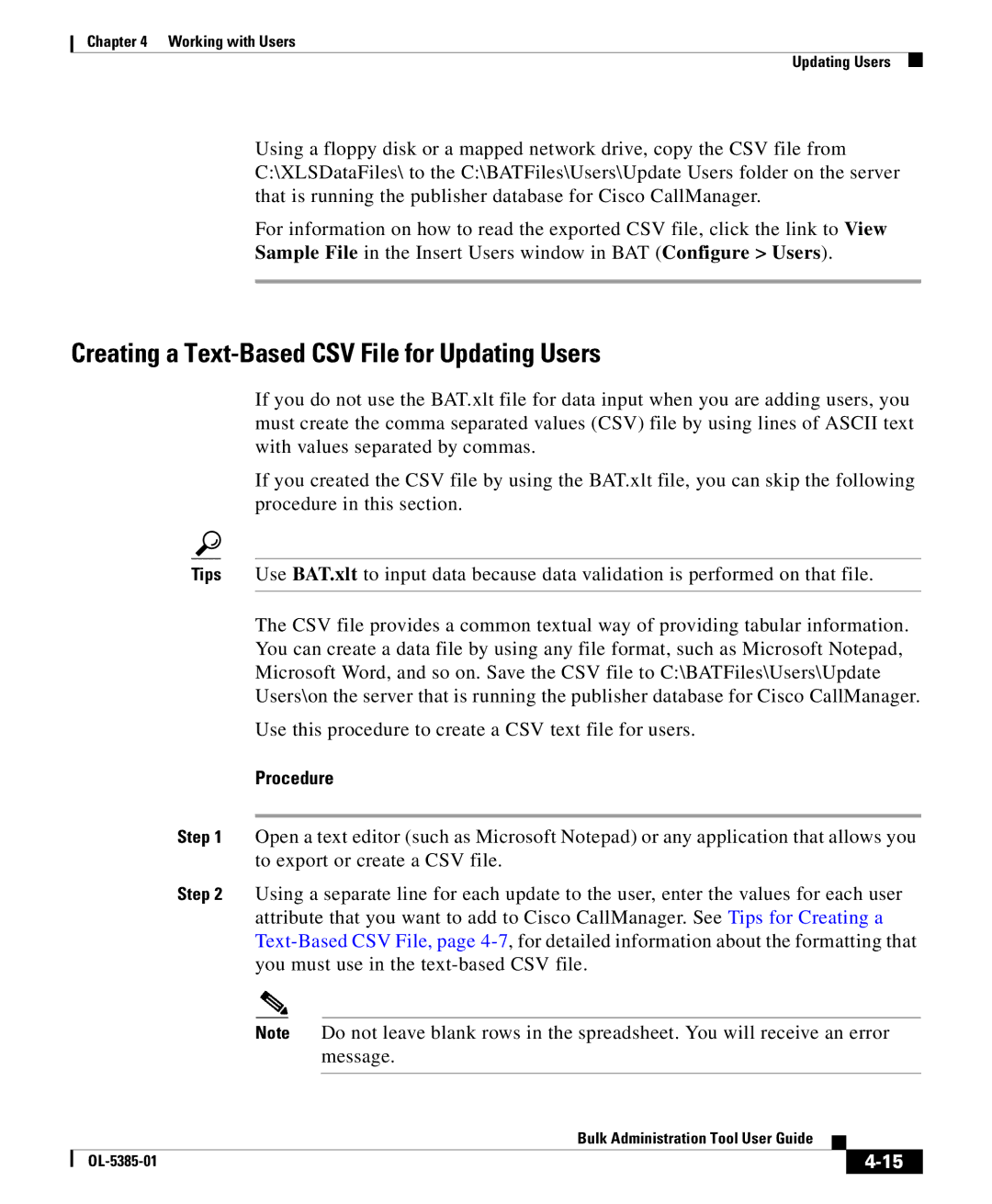 Cisco Systems OL-5385-01 manual Creating a Text-Based CSV File for Updating Users 