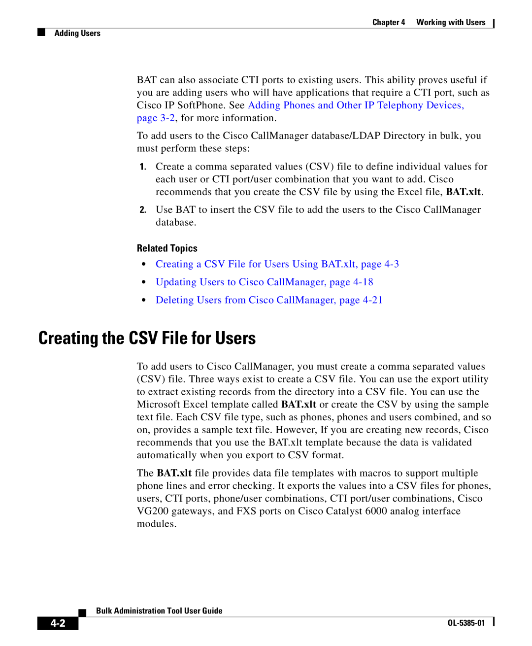 Cisco Systems OL-5385-01 manual Creating the CSV File for Users, Related Topics 