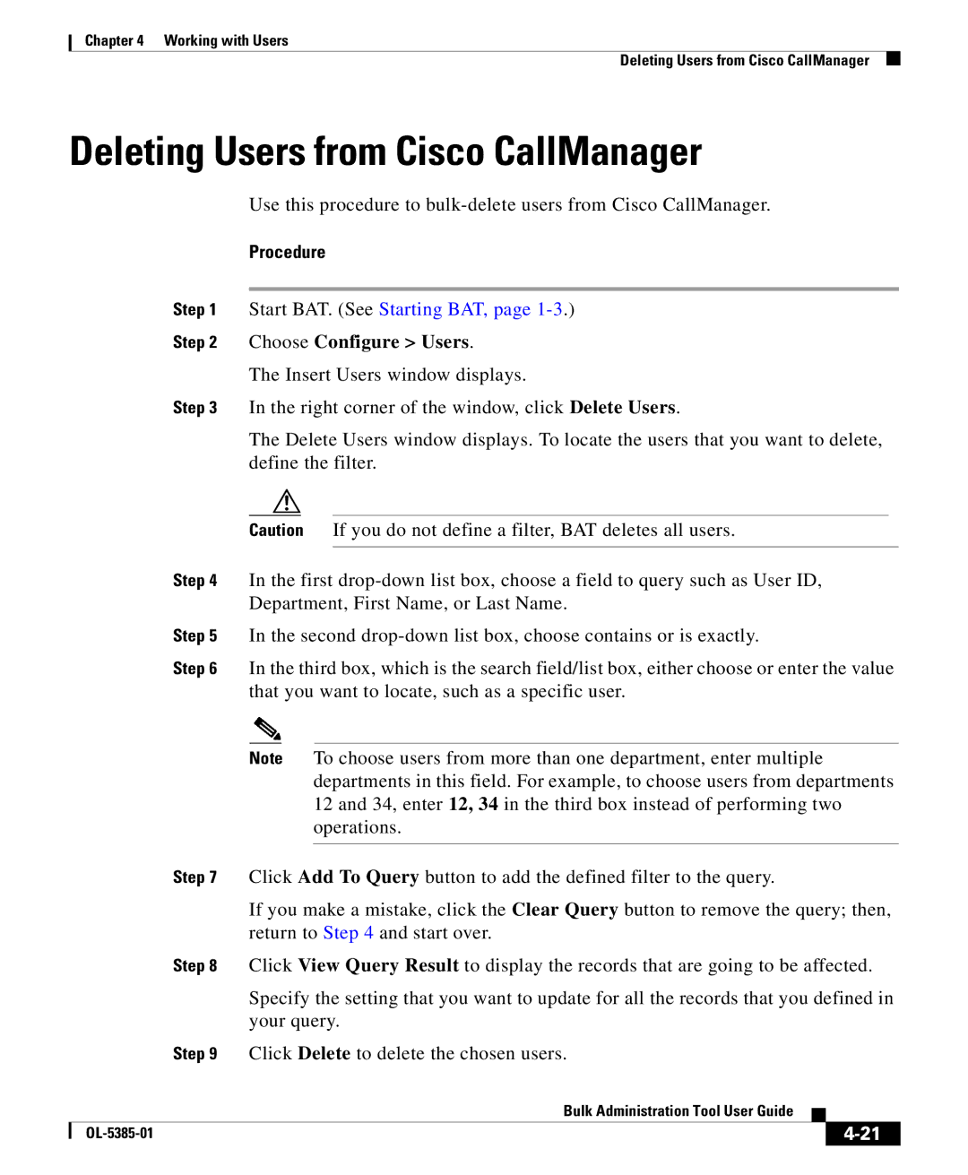 Cisco Systems OL-5385-01 manual Deleting Users from Cisco CallManager, Procedure 