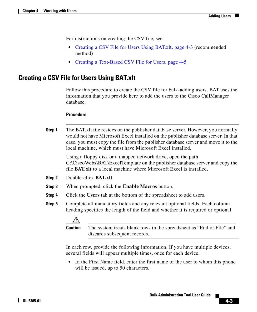 Cisco Systems OL-5385-01 manual Creating a CSV File for Users Using BAT.xlt, Procedure 