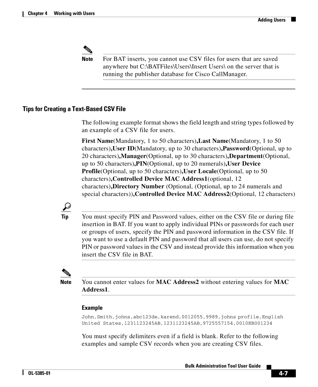 Cisco Systems OL-5385-01 manual Tips for Creating a Text-Based CSV File, Example 