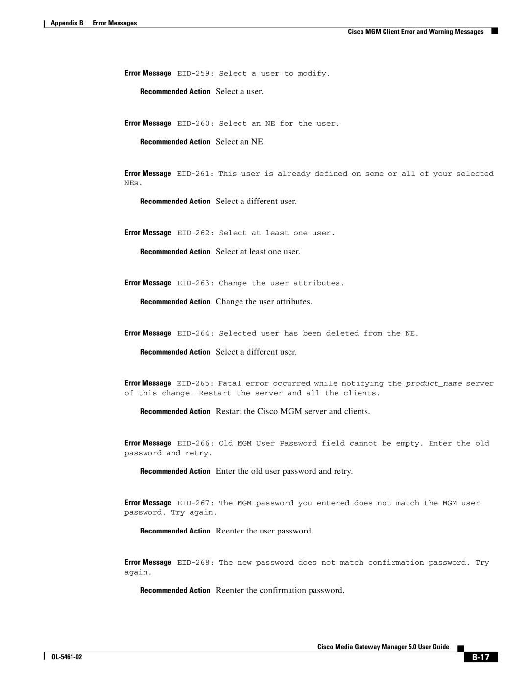 Cisco Systems OL-5461-02 appendix Recommended Action Select a different user, Recommended Action Select at least one user 