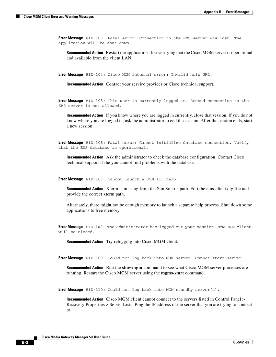 Cisco Systems OL-5461-02 appendix Recommended Action Try relogging into Cisco MGM client 