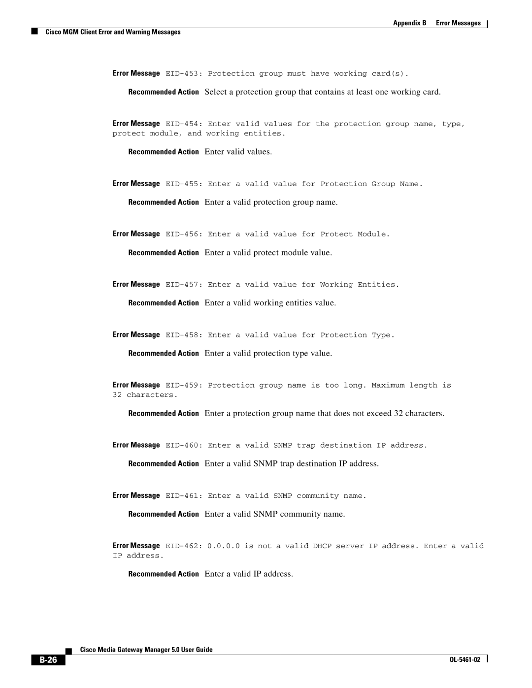 Cisco Systems OL-5461-02 appendix Recommended Action Enter a valid protection group name 