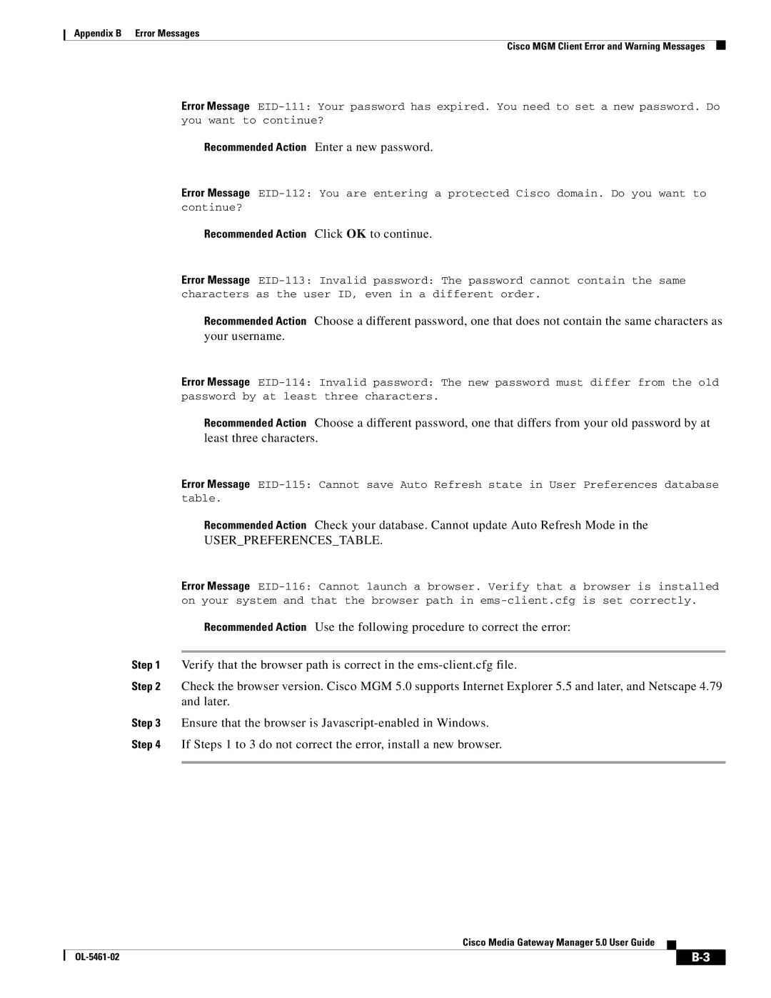 Cisco Systems OL-5461-02 appendix Recommended Action Enter a new password, Recommended Action Click OK to continue 