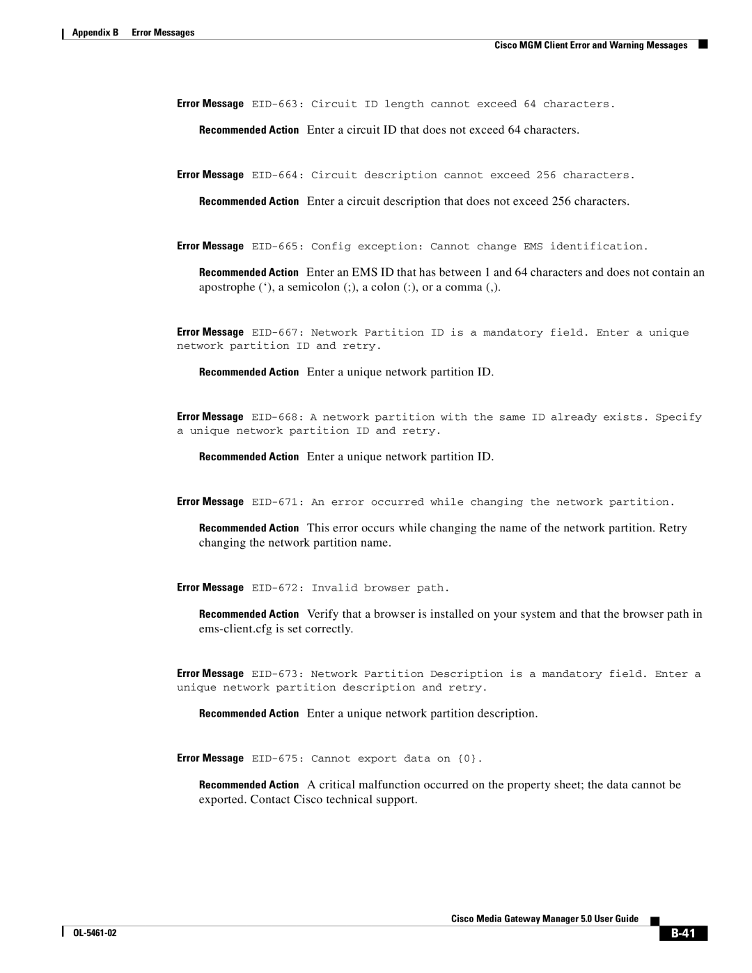 Cisco Systems OL-5461-02 appendix Recommended Action Enter a unique network partition ID 