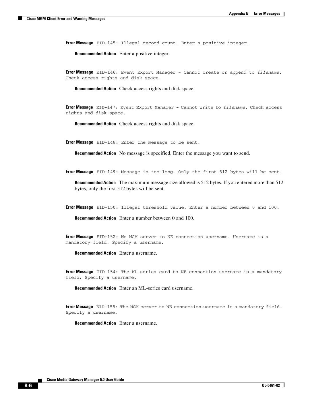 Cisco Systems OL-5461-02 appendix Recommended Action Enter a positive integer, Recommended Action Enter a number between 0 