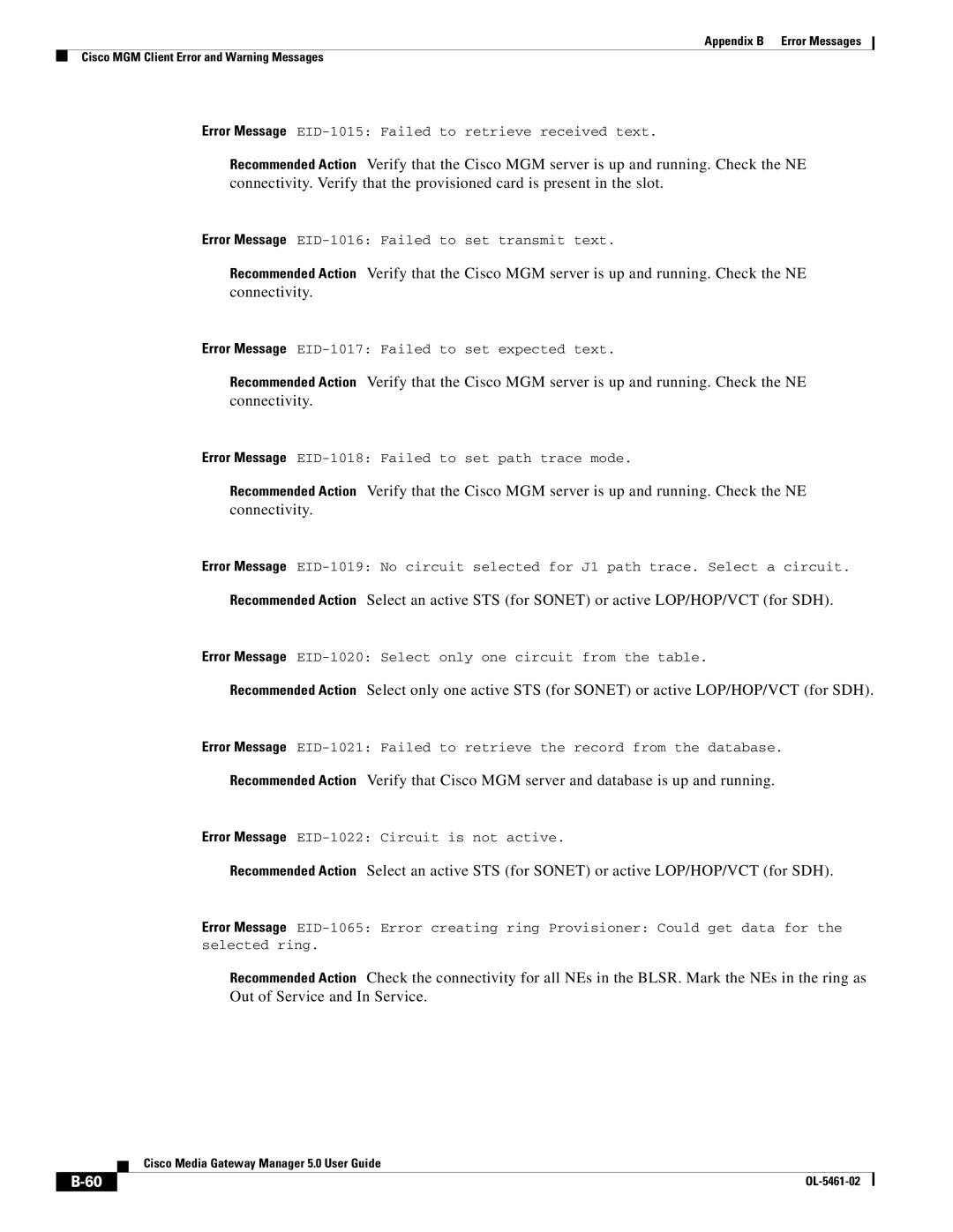 Cisco Systems OL-5461-02 appendix Error Message EID-1015 Failed to retrieve received text 