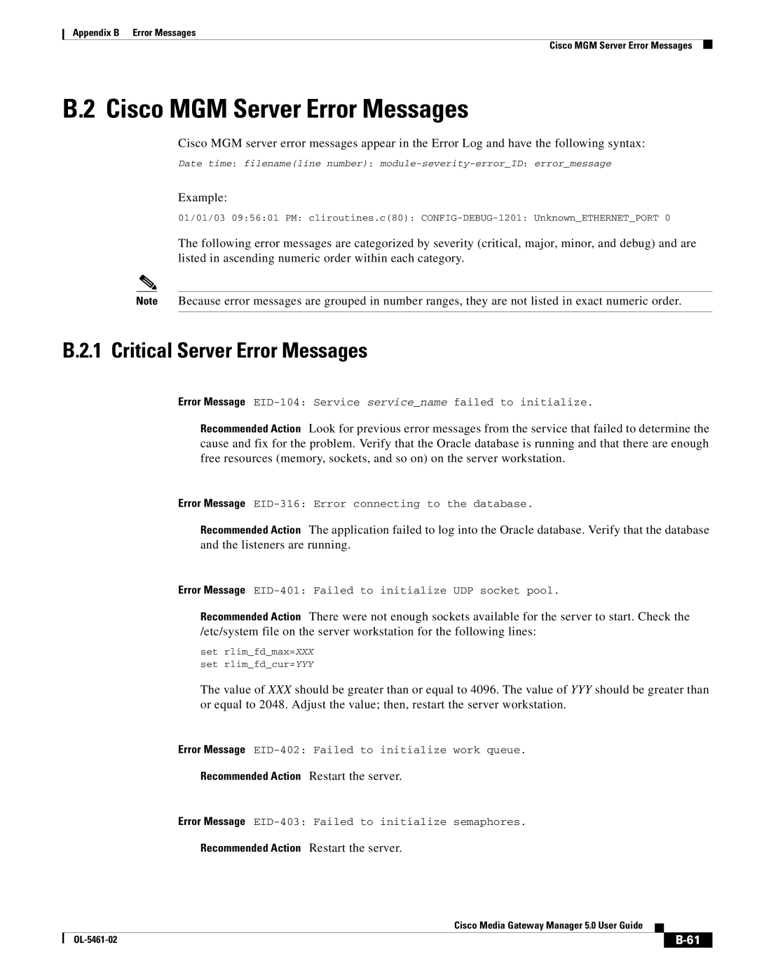 Cisco Systems OL-5461-02 appendix Cisco MGM Server Error Messages, Example 