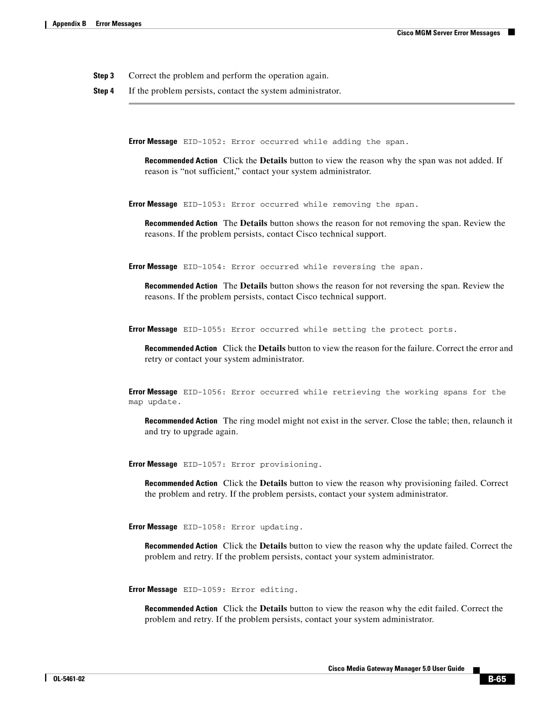 Cisco Systems OL-5461-02 appendix Error Message EID-1052 Error occurred while adding the span 