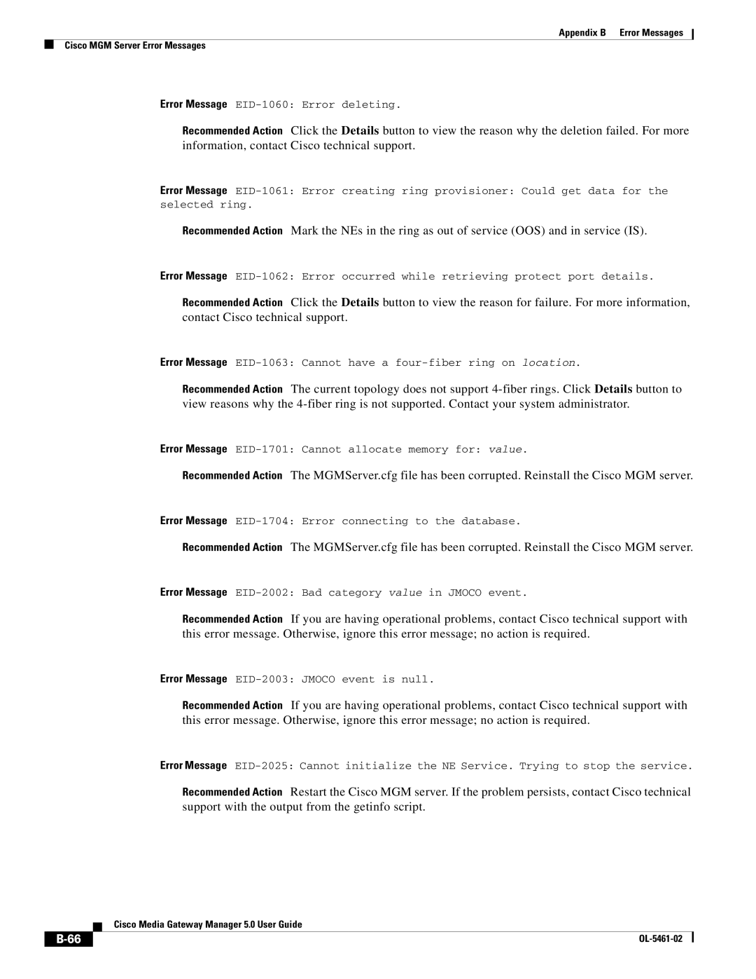 Cisco Systems OL-5461-02 appendix Error Message EID-1060 Error deleting 