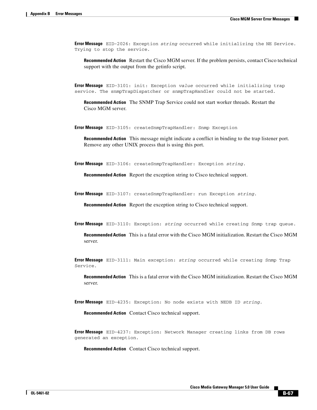 Cisco Systems OL-5461-02 appendix Error Message EID-3105 createSnmpTrapHandler Snmp Exception 