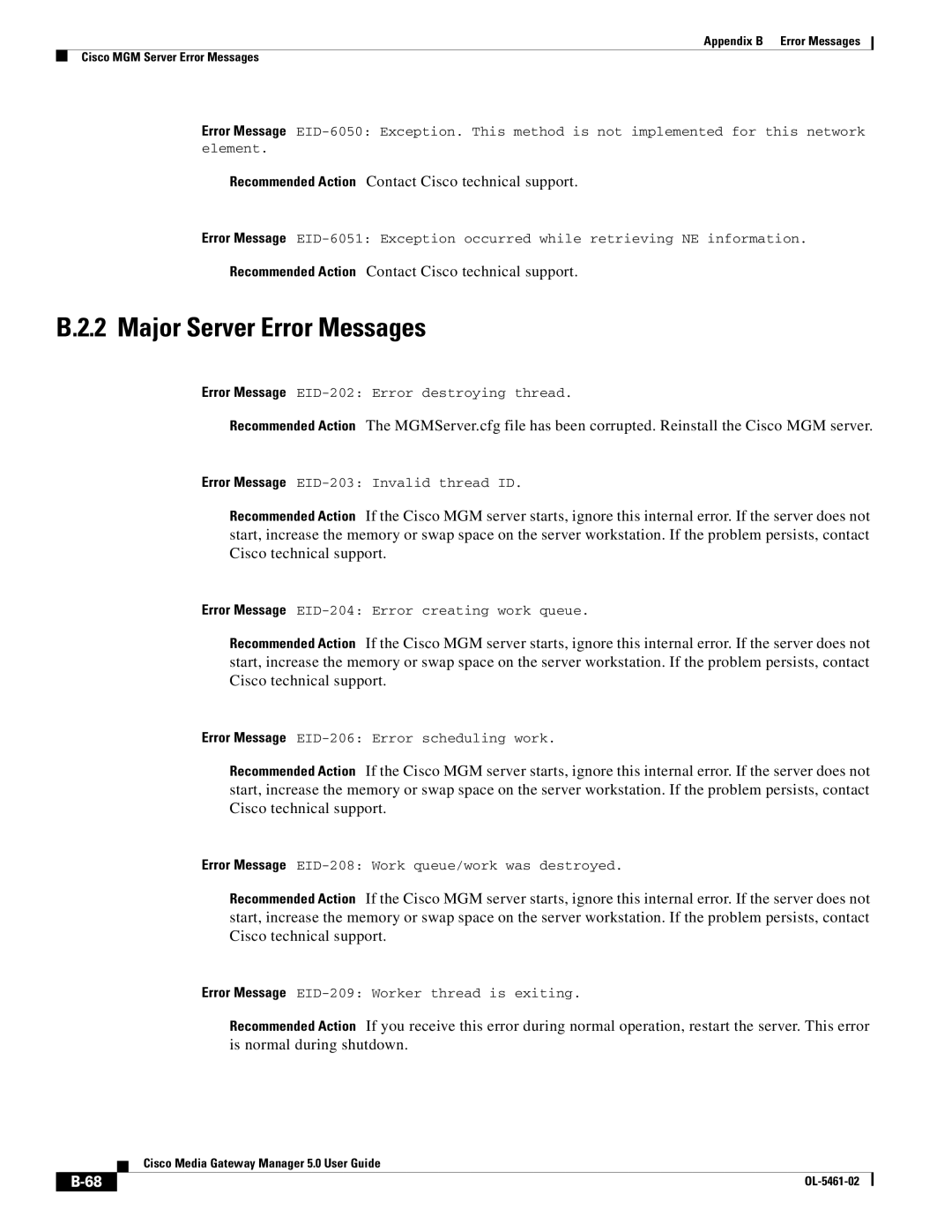 Cisco Systems OL-5461-02 appendix Major Server Error Messages 