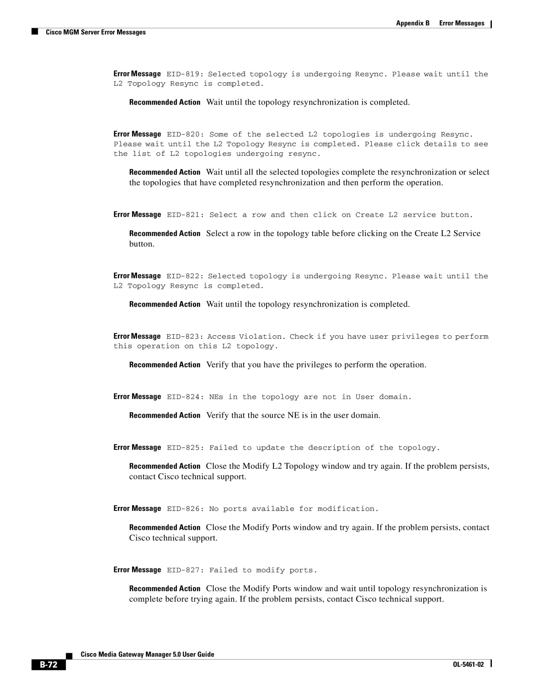 Cisco Systems OL-5461-02 appendix Error Message EID-826 No ports available for modification 