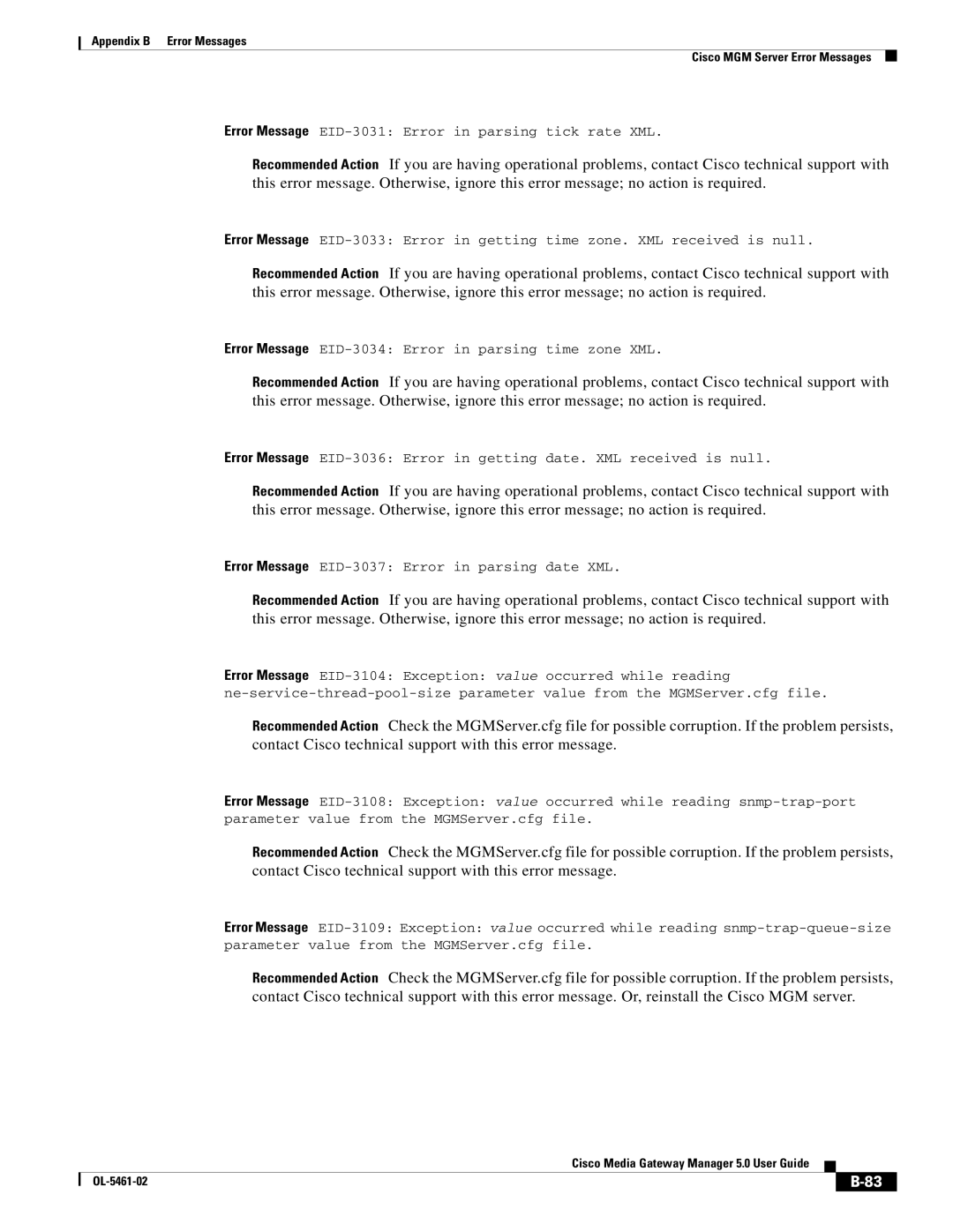 Cisco Systems OL-5461-02 appendix Error Message EID-3031 Error in parsing tick rate XML 