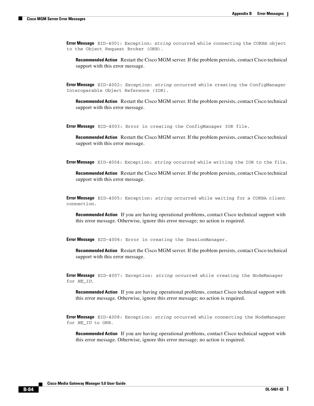 Cisco Systems OL-5461-02 appendix Error Message EID-4006 Error in creating the SessionManager 