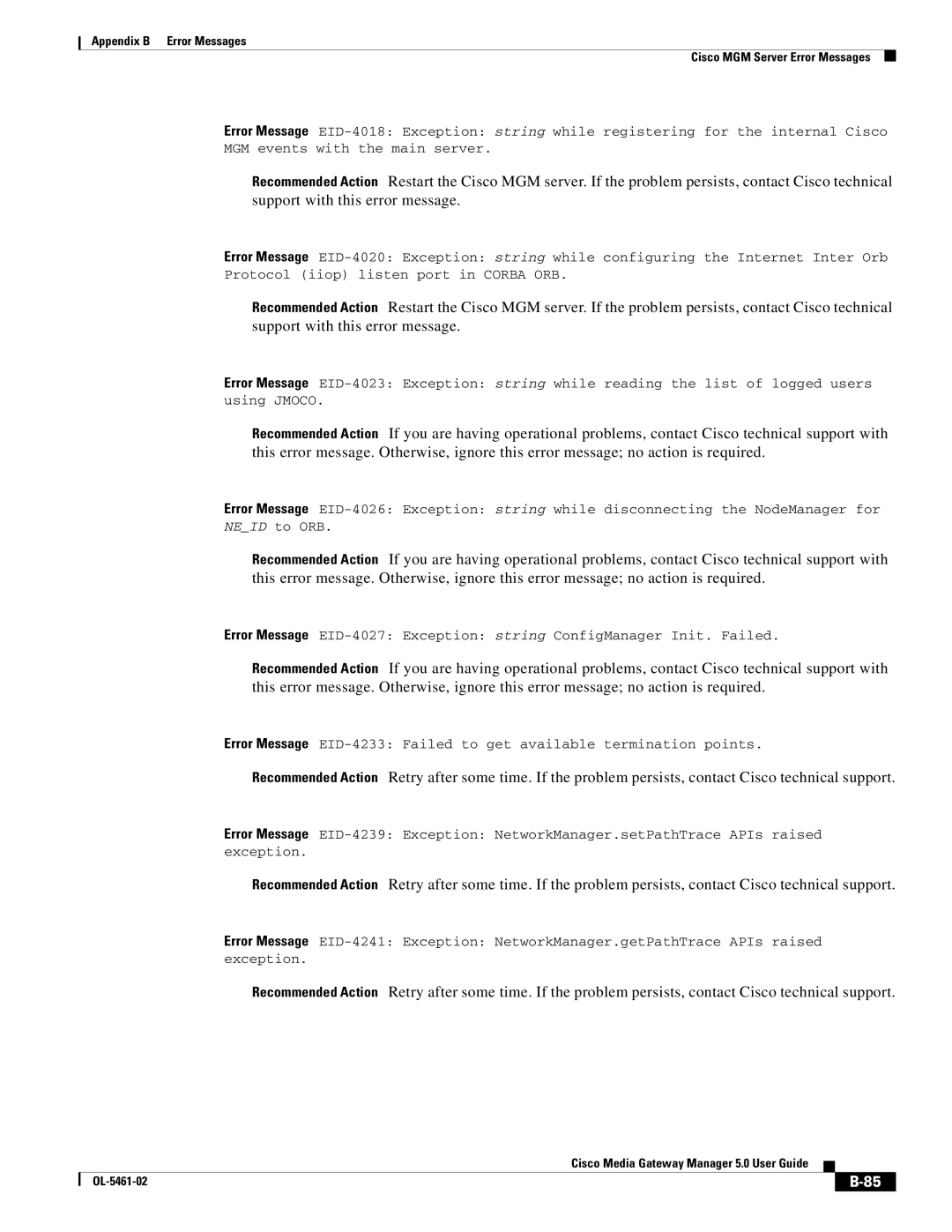 Cisco Systems OL-5461-02 appendix Appendix B Error Messages Cisco MGM Server Error Messages 