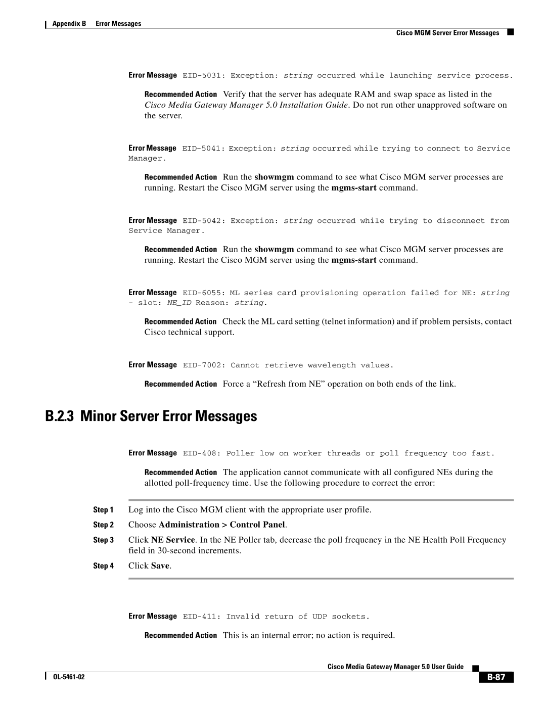 Cisco Systems OL-5461-02 appendix Minor Server Error Messages 