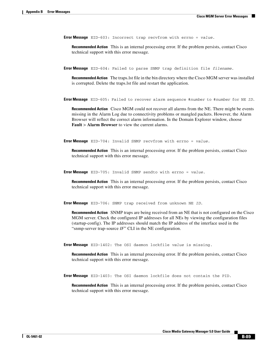 Cisco Systems OL-5461-02 appendix Error Message EID-705 Invalid Snmp sendto with errno = value 