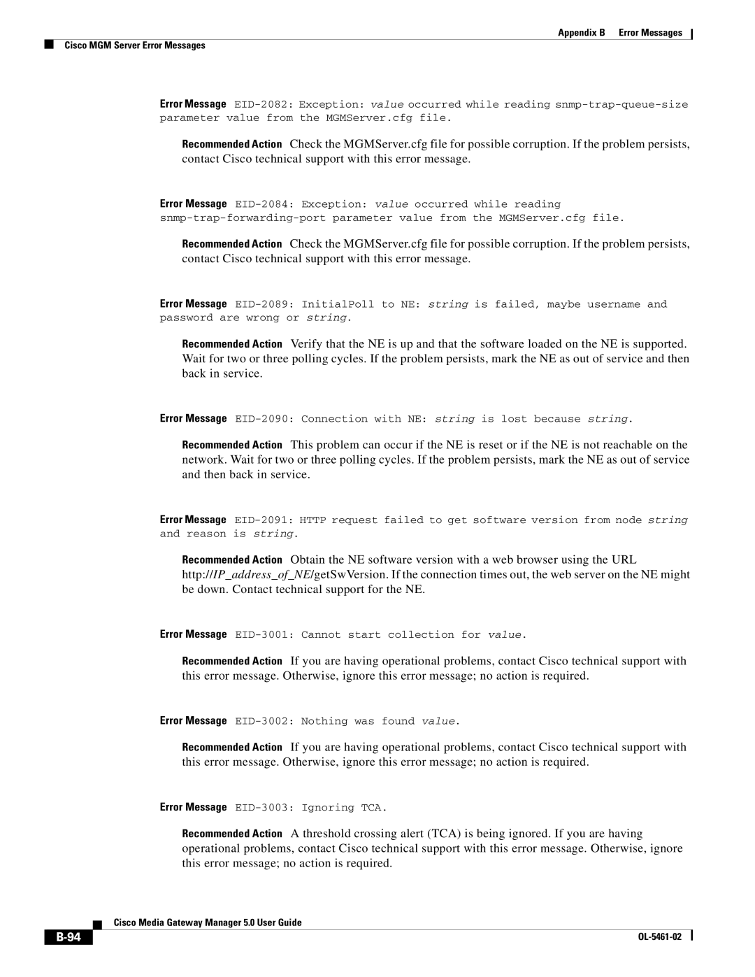Cisco Systems OL-5461-02 appendix Error Message EID-3001 Cannot start collection for value 
