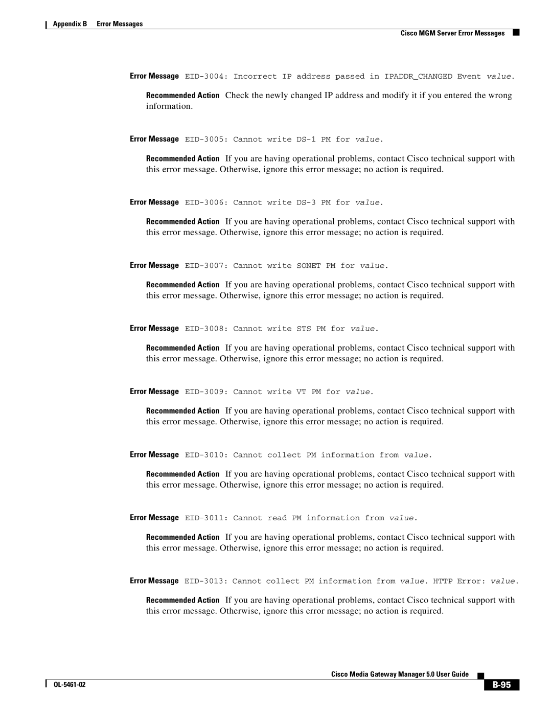 Cisco Systems OL-5461-02 appendix Error Message EID-3005 Cannot write DS-1 PM for value 