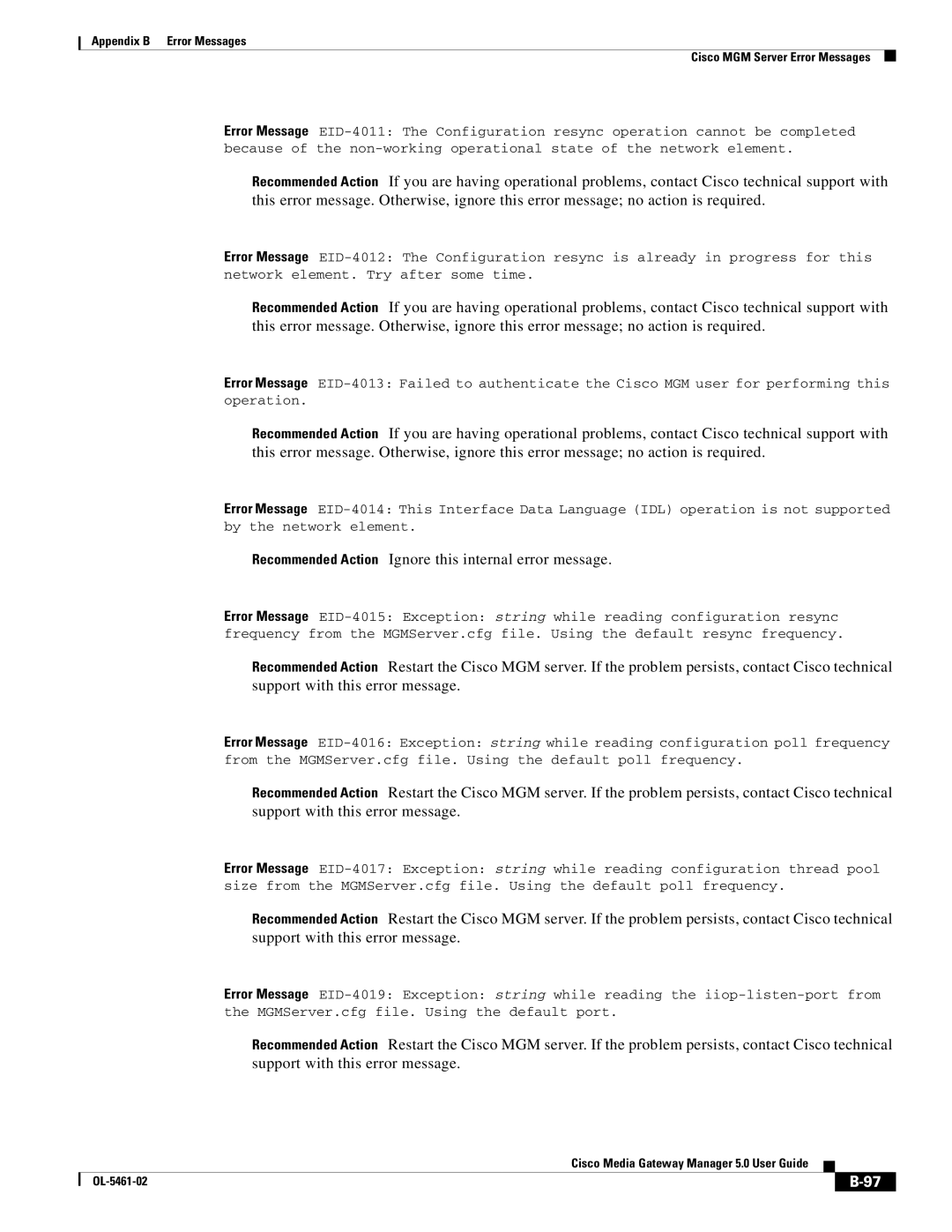 Cisco Systems OL-5461-02 appendix Recommended Action Ignore this internal error message 