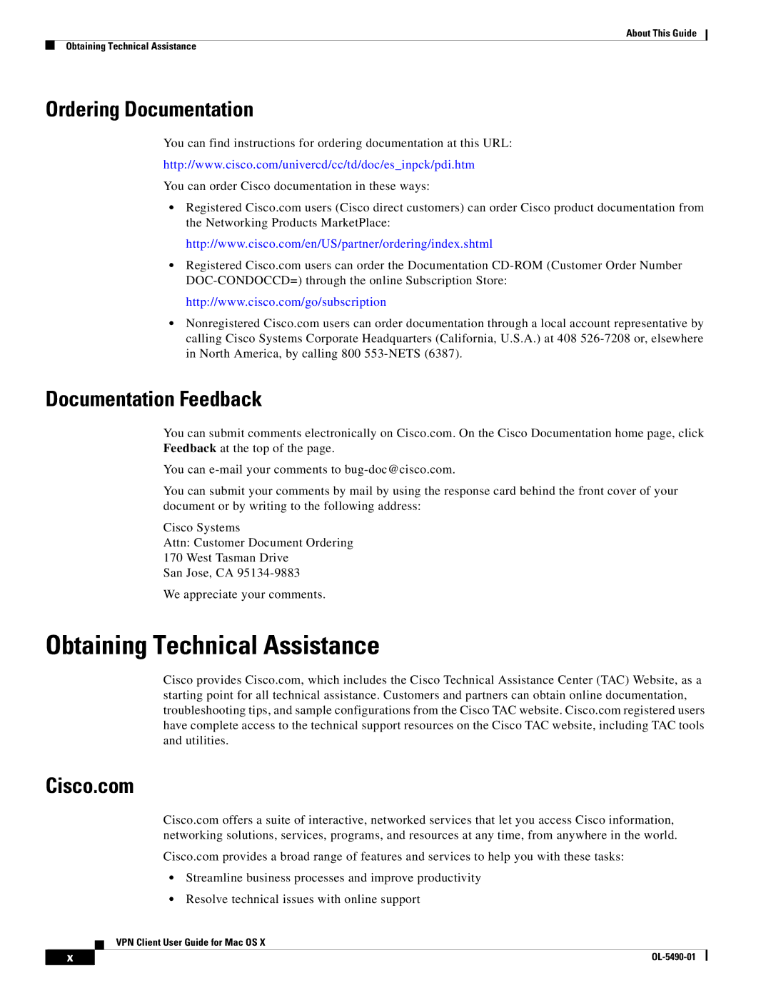 Cisco Systems OL-5490-01 manual Obtaining Technical Assistance, Ordering Documentation, Documentation Feedback 