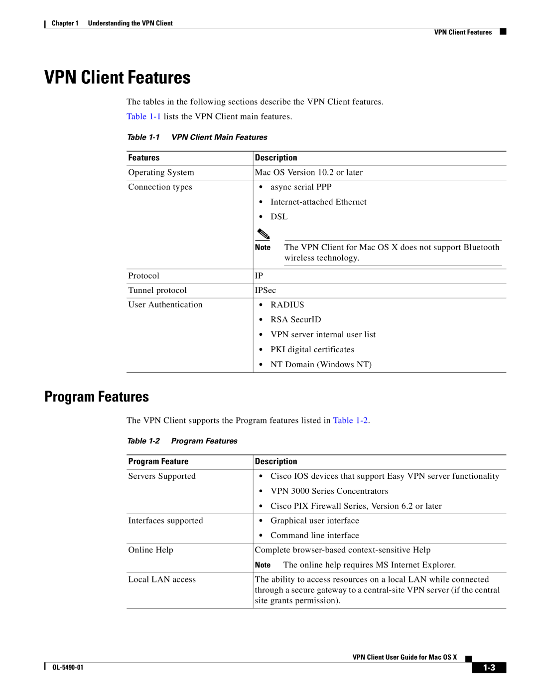 Cisco Systems OL-5490-01 manual VPN Client Features, Program Features 