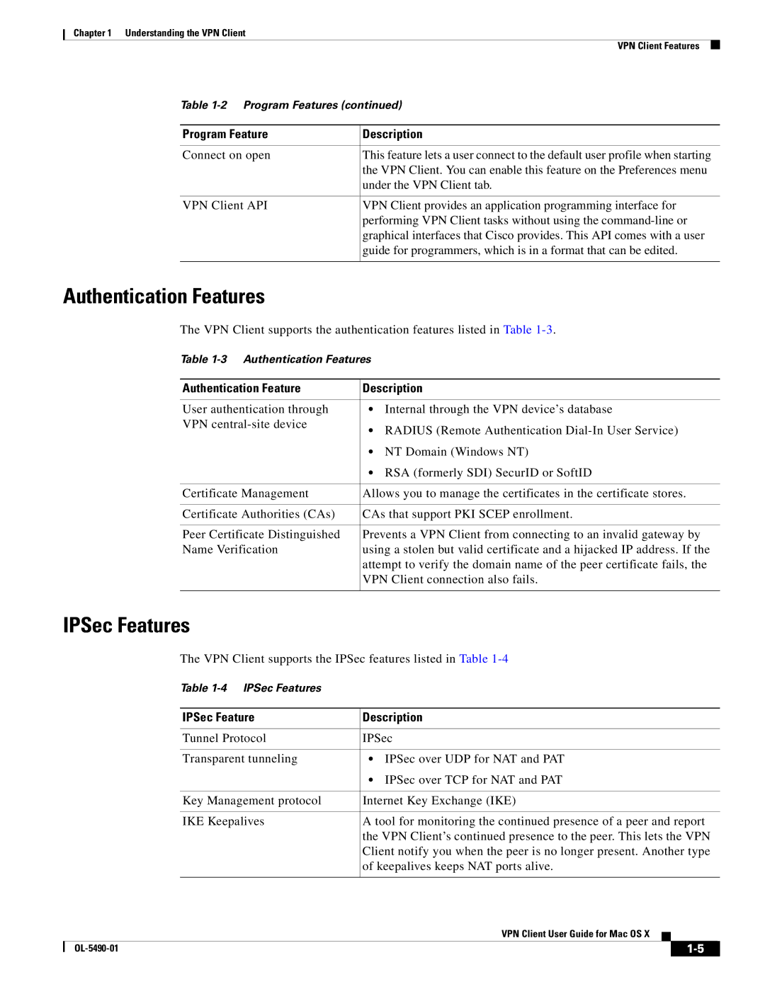 Cisco Systems OL-5490-01 manual Authentication Features, IPSec Features 