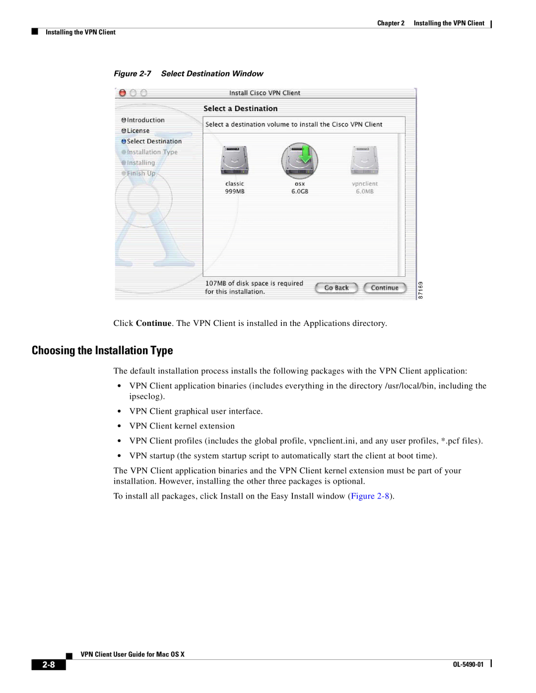 Cisco Systems OL-5490-01 manual Choosing the Installation Type, Select Destination Window 