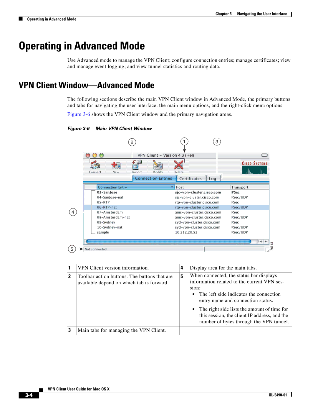 Cisco Systems OL-5490-01 manual Operating in Advanced Mode, VPN Client Window-Advanced Mode 