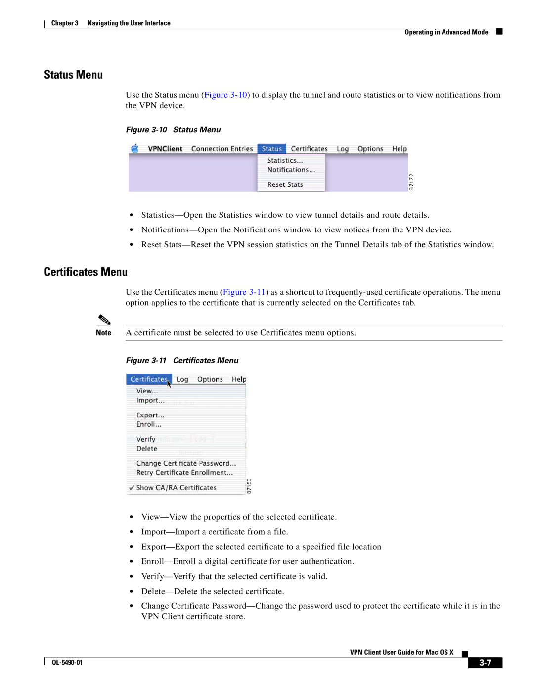 Cisco Systems OL-5490-01 manual Certificates Menu, Status Menu 