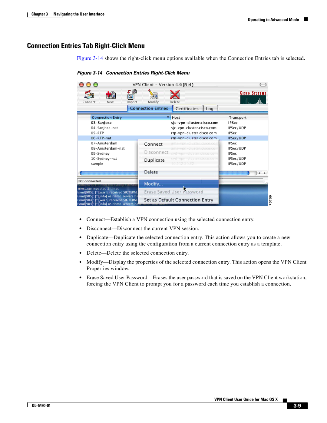 Cisco Systems OL-5490-01 manual Connection Entries Tab Right-Click Menu, Connection Entries Right-Click Menu 