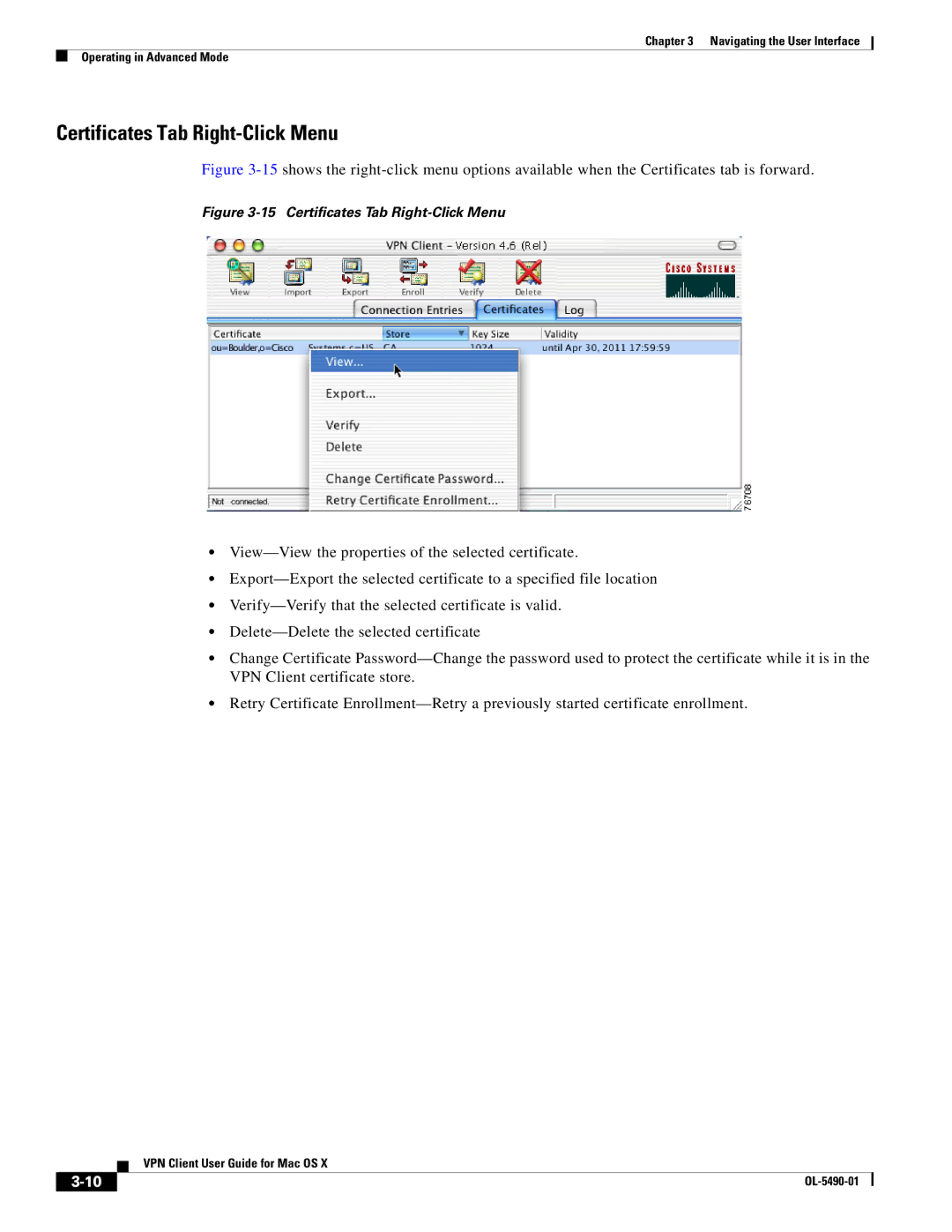 Cisco Systems OL-5490-01 manual Certificates Tab Right-Click Menu 