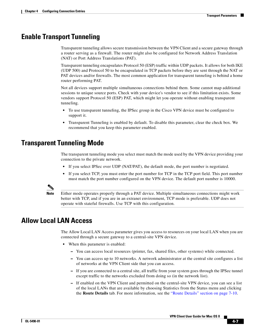 Cisco Systems OL-5490-01 manual Enable Transport Tunneling, Transparent Tunneling Mode, Allow Local LAN Access 