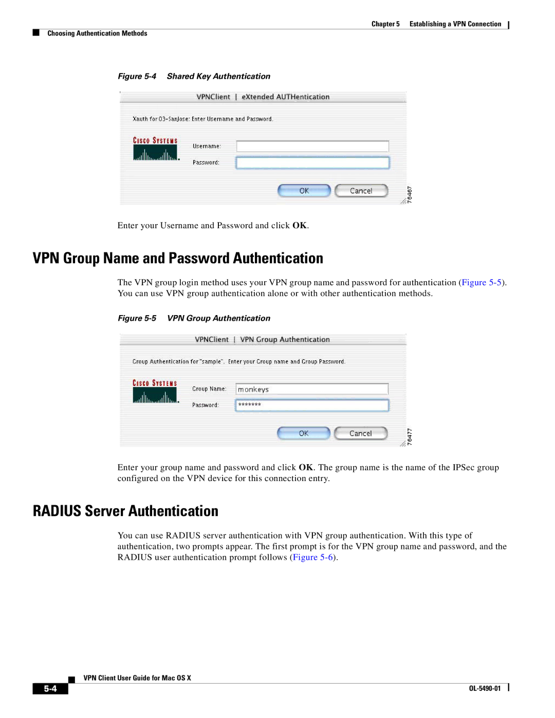 Cisco Systems OL-5490-01 manual VPN Group Name and Password Authentication, Radius Server Authentication 