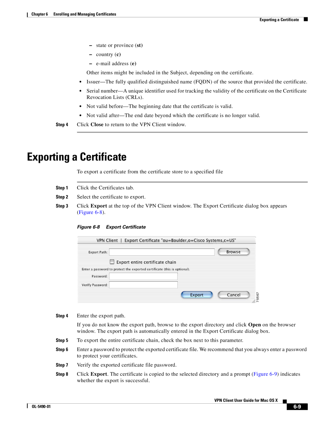 Cisco Systems OL-5490-01 manual Exporting a Certificate, Whether the export is successful 