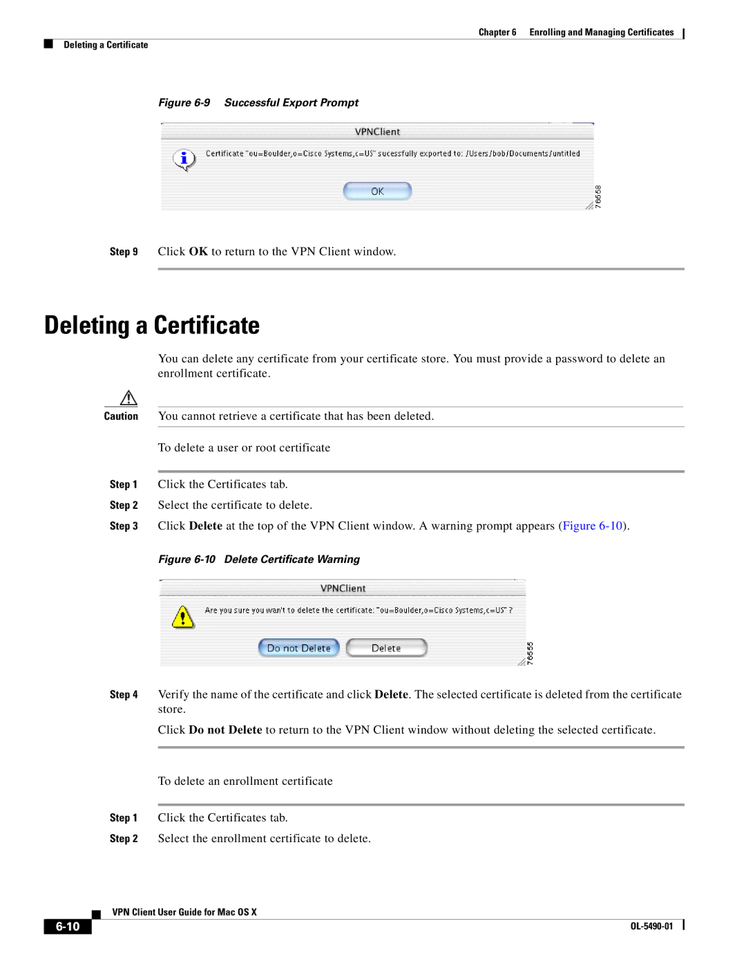 Cisco Systems OL-5490-01 manual Deleting a Certificate, Successful Export Prompt 