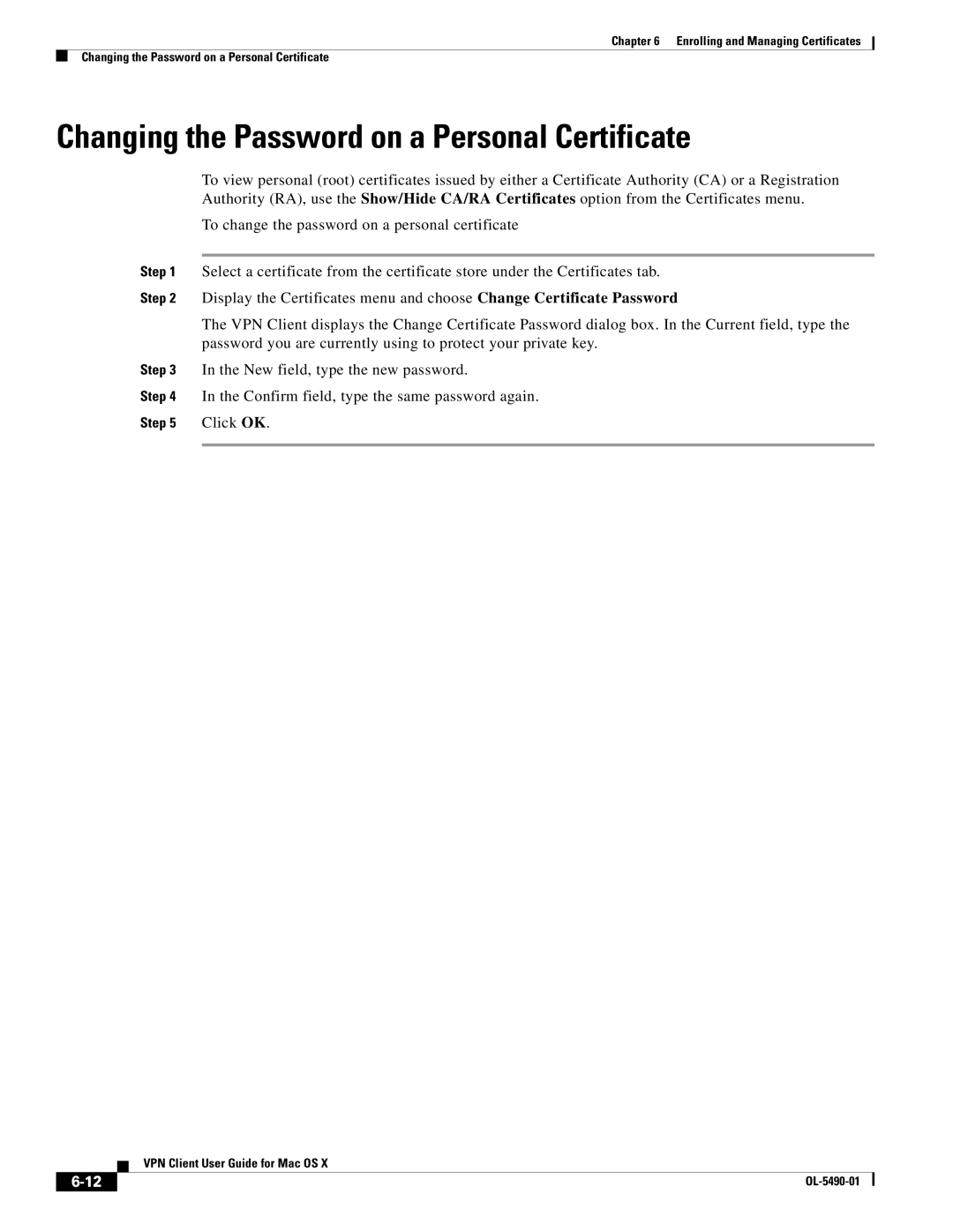 Cisco Systems OL-5490-01 manual Changing the Password on a Personal Certificate 