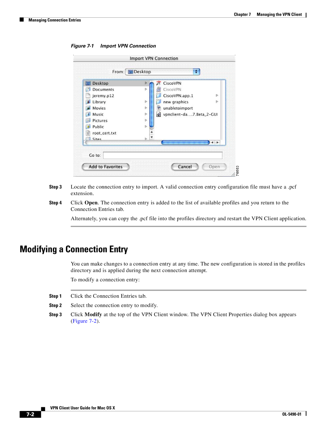 Cisco Systems OL-5490-01 manual Modifying a Connection Entry, Import VPN Connection 