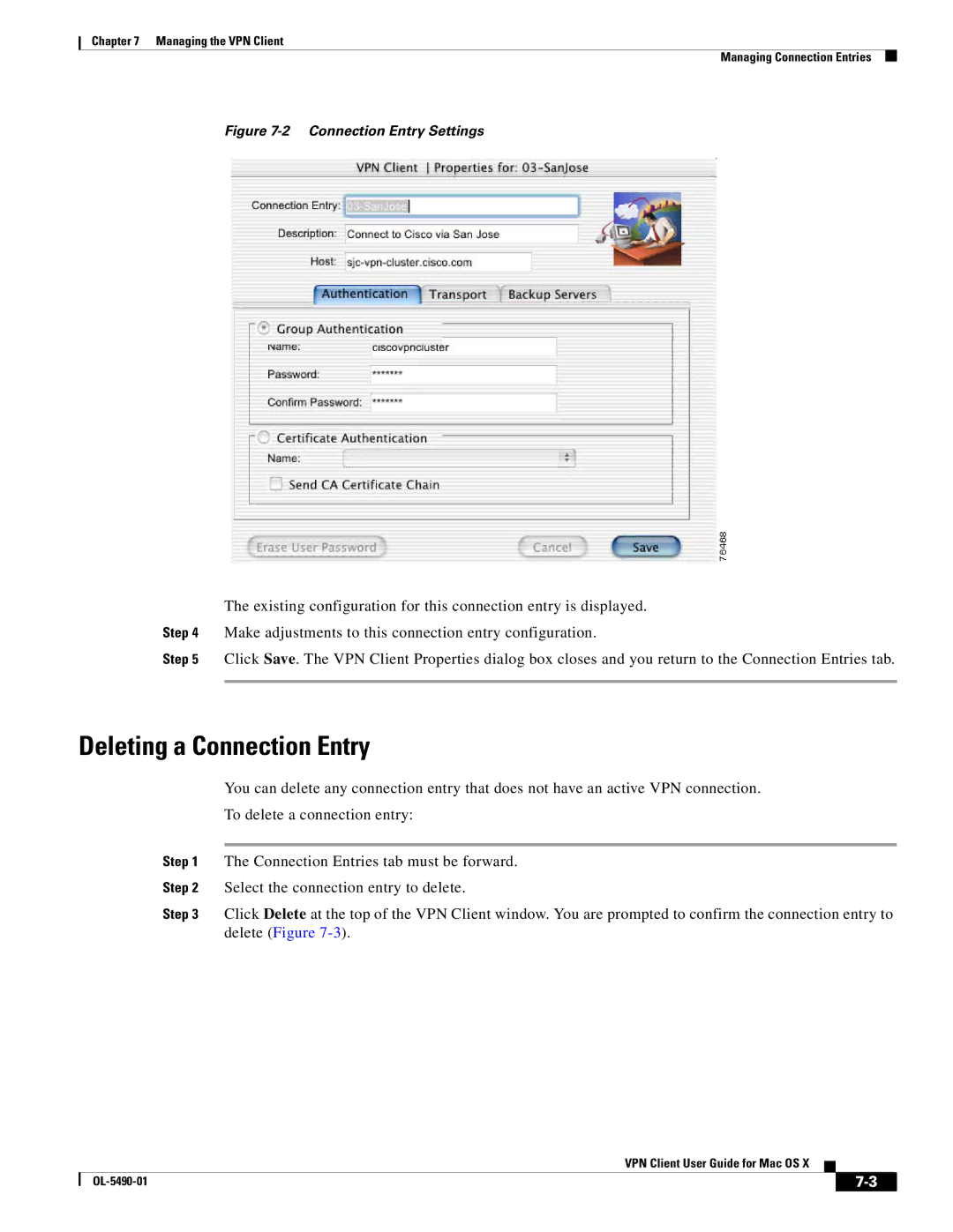 Cisco Systems OL-5490-01 manual Deleting a Connection Entry, Connection Entry Settings 