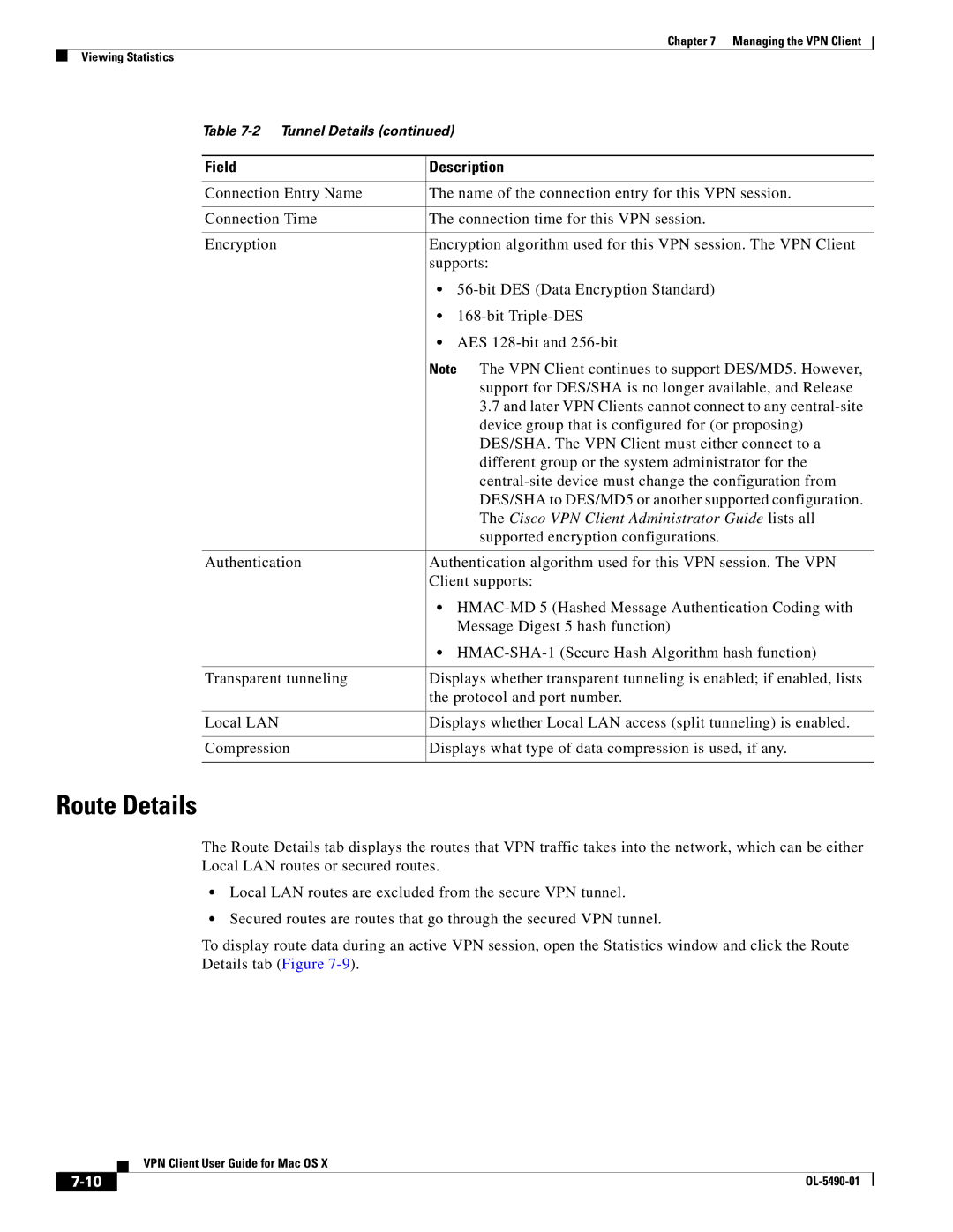 Cisco Systems OL-5490-01 manual Route Details, Cisco VPN Client Administrator Guide lists all 